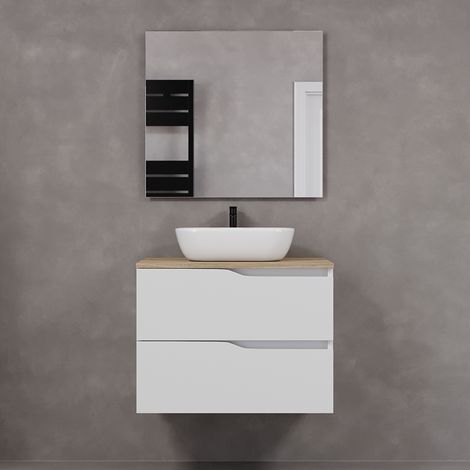 Meuble de salle de bain 80cm avec plateau miel et vasque à poser zeus - 2 tiroirs - blanc - LUNA (1/5)
