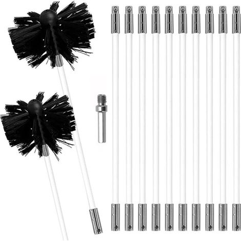 Kit de brosses de cheminée nylon - 12 tiges, 1 tête 150 mm + 1 tête 100 mm, nettoyage conduits aération