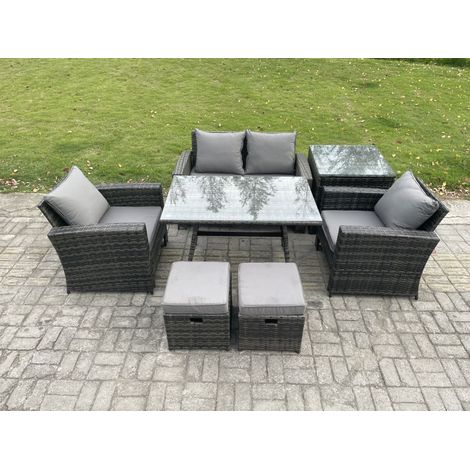 Fimous 6-Sitzer Rattan Gartenmöbel im Freien Sofa Set mit Beistelltisch 2 kleine Fußhockern Dunkelgrau Gemischt (1/5)