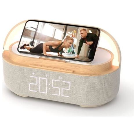 BARKBUSTERSRéveil Bluetooth avec chargeur sans fil, radio FM, veilleuse LED réglable, enceinte portable 6 en 1 pour chambre à coucher, 2 500 mAh