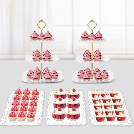 Set di alzatine per dessert da 5 pezzi: 2 porta cupcake, 3 vassoi da portata per snack, compleanni, baby shower (quadrato ondulato) (1/4)