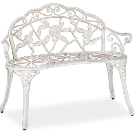Panca da giardino romantica per due a mezzaluna 120 x 60 x 40 cm aspetto shabby decorativo in metallo bianco 130010062
