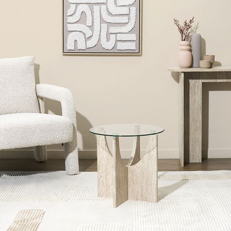 Table D'appoint - Home Deco Factory - Pietra - Ronde - Verre - Blanc Et Beige