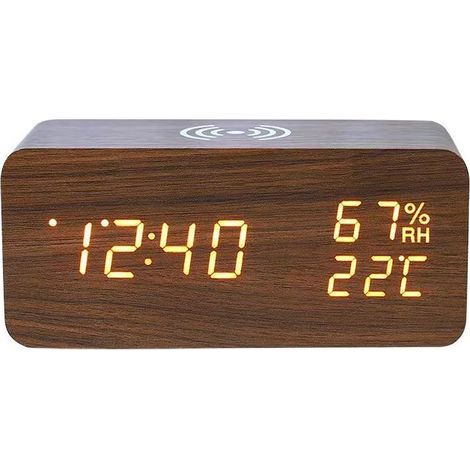 Réveil Numérique - Radio Réveil - Station Météo Intérieure - Chargeur Sans Fil Qi - Bois MDF - 17 x 8 x 7,5 cm - 1 Pièce (1/4)