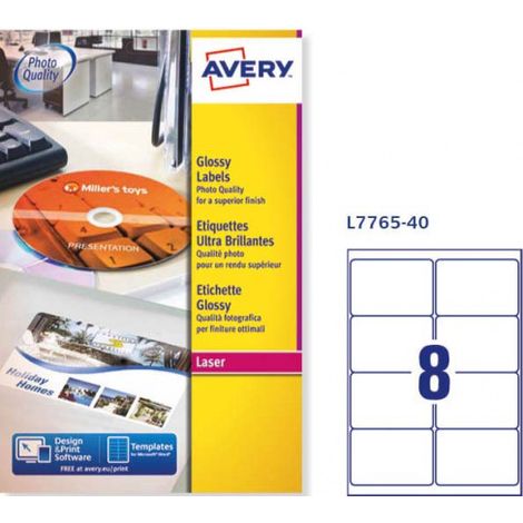 CAJA DE 40 HOJAS (8 ETIQXHOJA) ETIQUETAS BLANCAS BRILLANTES 99,1X67,7MM AVERY L7765-40 (1/2)