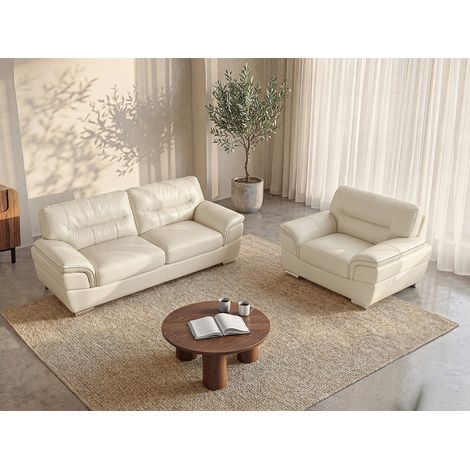 Vente-Unique – Canapé 3 places en cuir de vachette ivoire – Large accoudoirs – Garnissage mousse haute résilience – Dimensions 210x93x87cm (1/5)