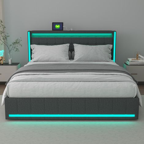 Polsterbett 140x190 cm mit Schubladen - Doppelbett mit LED-Beleuchtung, USB-/Type-C-Anschlüssen & EU-Steckdosen - Leinenoptik, Grau