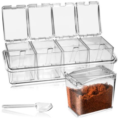 KBNIAN ist ein Set aus 4 transparenten Acryl-Gewürzbehältern mit Löffeln und Deckeln zur Aufbewahrung von Salz, Pfeffer, Zucker und Gewürzen. (1/4)