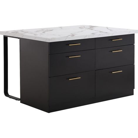 Isola centrale da cucina con 6 cassetti in MDF e Metallo Nero ed effetto marmo Bianco - ALEGRITA