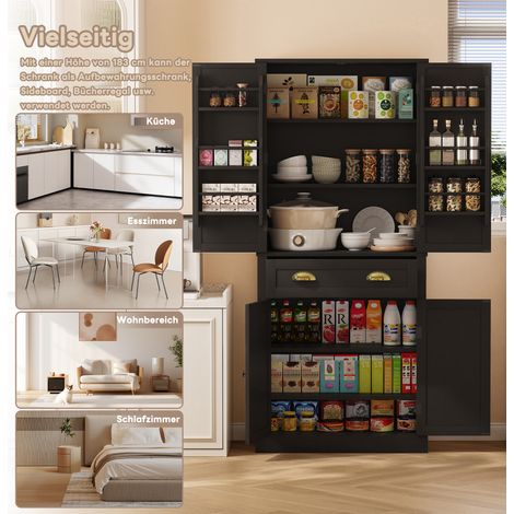 Meuble de rangement 182 cm, armoire 4 portes et 1 tiroir, 2 vantaux avec étagères, 6 casiers de stockage, 4 tablettes ajustables, parfait pour cuisine, salle à manger et séjour, noir. (1/5)