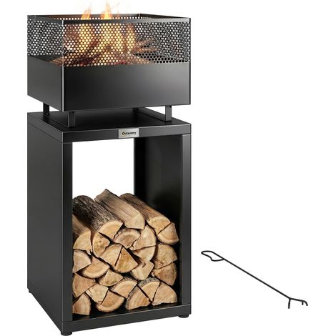 Feuerschale 39 x 39 x 87 cm Feuerstelle mit Holzlager Kohlegitter verstellbaren Füßen, Schwarz (1/5)