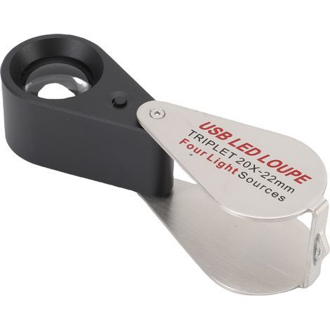 Kit de loupe bijoutier 20X grossisseur portable pliable rechargeable 4 sources lumineuses 13 LED verre optique argent (1/5)