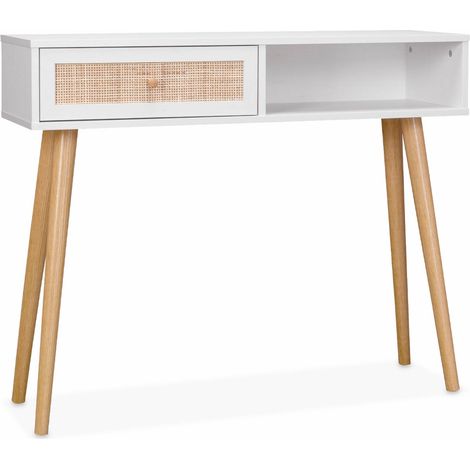 Console en cannage 100x29x81cm - Bohème - Blanc. 1 tiroir.1 espace de rangement. pieds scandinaves décor bois. 1 poignée
