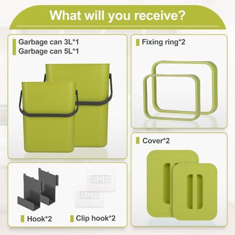 LALAGO Poubelle à Compost de Cuisine (5L+3L), Poubelle à déchets organiques Suspendue, Bac de Rangement Suspendu avec Couvercle pour Cuisine, Salle de Bains, Voiture, Bureau, Chambre (Vert) (1/4)