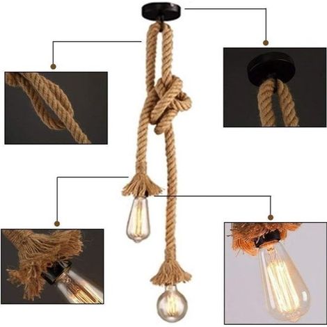 Lámpara colgante vintage cuerda cáñamo 2 cabezales (1,5 + 1,5 metros) casquillo E26/E27, techo retro cuerda cáñamo vintage iluminación comedor (1/5)