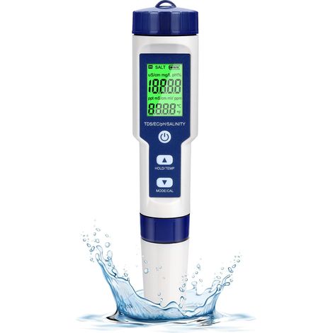 Testeur PH Electronique, Testeur Eau Piscine 5 en 1 avec Rétro-éclairage, PH/TDS/EC/Salinité/TempmèTre avec ATC, PH Metre Haute Précision de Résolution 0.01, pour Eau Potable, Aquarium, Spas (1/5)