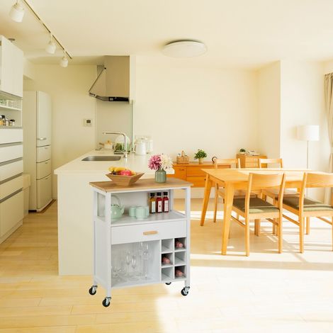 Carrello da cucina con piano in bambu e portabottiglie