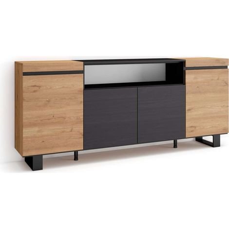 Aparador Adamuz de 200x87x35 cm con 4 puertas, diseño industrial, color roble y negro (1/4)