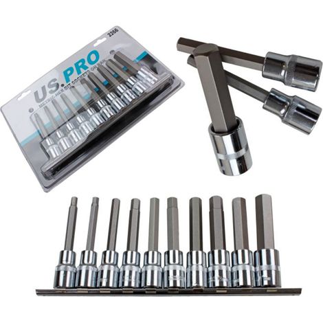 US PRO Long Hex Bit 10PC Socket Set Allen Key 1/2"" 100mm Metric 6 -17mm 2266
