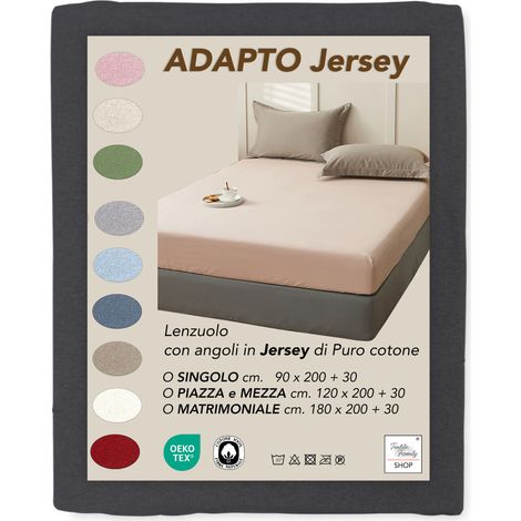 Lenzuola Sotto con Angoli Adapto Jersey Antracite - Cotone Elasticizzato H30cm - Singolo, Piazza e Mezza, Matrimoniale Cm. 90x200 (1/5)