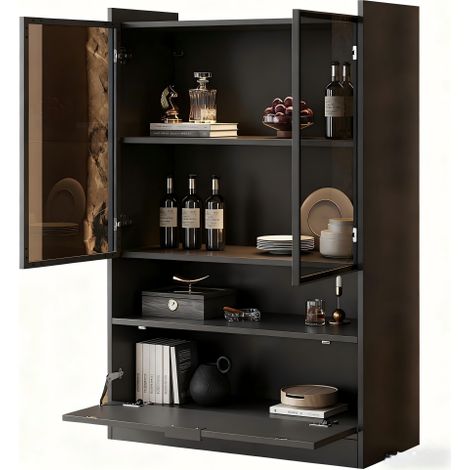 Vitrine moderne à éclairage LED, noir mat, 120 cm de hauteur, avec éclairage LED contrôlé par application, vitrine en verre, vitrine autoportante avec éclairage, meuble de salon avec portes vitrées et (1/5)