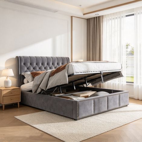 Lit coffre 160 x 200 cm, lit 160x200 avec sommier, lit double, cadre de lit, avec tete de lit, Gris foncé, velours (1/5)