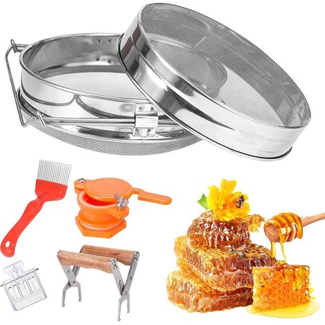 Tamis à miel double en acier inoxydable, lot de 5 accessoires d'apiculture, outils d'apiculture, pince, fourchette à découvert, équipement de maison d'abeille, convient pour filtrer le miel (1/5)