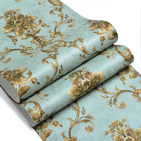 Papier peint texturé 3D floral rétro chic – Effet relief vert et doré – Rouleau 10m x 0,53m – Pour salon, chambre, salle à manger – Ideko