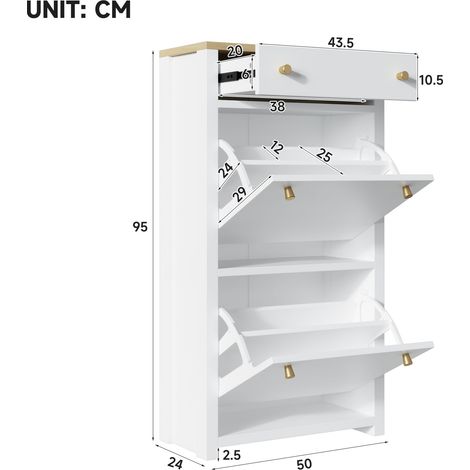 Meuble à chaussures moderne avec tiroir, 2 abattants, étagères réglables et poignées en métal, aspect bois/blanc, pour entrée et couloir, 50 × 24 × 95 cm (1/4)