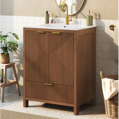 Waschtischunterschrank 61×47×87 cm MDF Nussbaum mit Keramikwaschbecken – MEUBLIV (1/5)