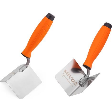 Set di 2 spatole angolari in acciaio inox per intonaco e cemento, sia per interni che per esterni, con impugnatura ergonomica, colore argento, dimensioni 80x60 mm. (1/5)