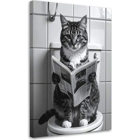 Cuadro en Lienzo, Gato gracioso leyendo el periódico en el baño en blanco y negro, 20x30 (1/5)