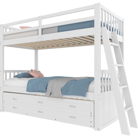 Letto a castello 90x200 cm per bambini con letto estraibile, 3 cassetti, sponda di sicurezza, struttura in pino e MDF bianco – CHICFURN (1/5)