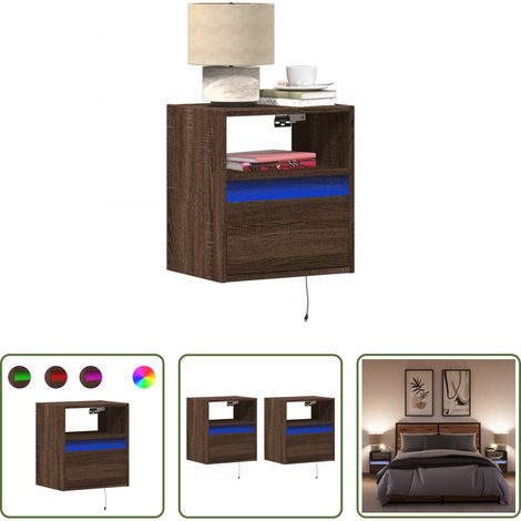 LED-Beleuchtung - Wand-Nachttische mit LED-Leuchten 2 Stk. Braun Eichen-Optik (1/5)