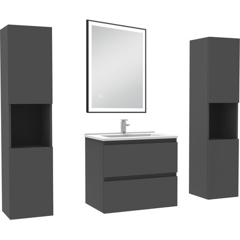 Acezanble Meubles Salle de Bain 60cm avec colonne et miroir lumineux 3 couleurs et dimmable Anthracite