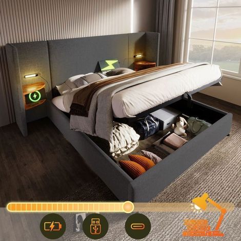 Lit coffre - SOGEU - 180x200 cm - Lin gris - Tête de lit avec étagères, lampe tactile et ports USB-C - Coffre hydraulique (1/5)