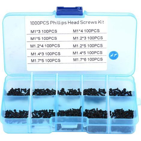 Lntyq 1000Pcs Vis Auto-taraudeuses M1 M1.2 M1.4 M1.7, Walfront Petites Vis à Tête Bombée Phillips en Acier Inoxydable avec Boîte de Rangement (Noir) (1/5)