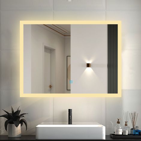 LED Badspiegel mit 3 Lichtfarbe Dimmbar Beschlagfrei Speicherfunktion Badezimmer Spiegel mit Beleuchtung CE IP44 90x70cm (1/5)