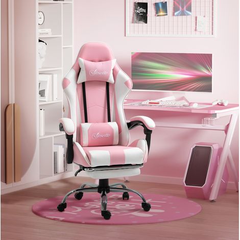 Ergonomischer Gaming-Stuhl Rosa-Weiß mit Kopfstütze, Lendenkissen, Höhenverstellung (1/5)