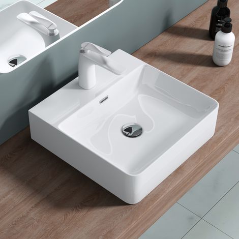 doporro® Lavamanos de cerámica 42x42x12cm lavabo blanco con orificio para grifería Mei201-420