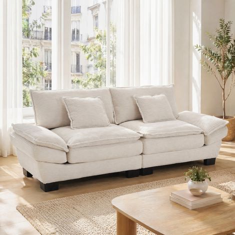 Divano 224/81/81 cm in velluto beige con braccioli, seduta profonda e 2 cuscini (1/5)
