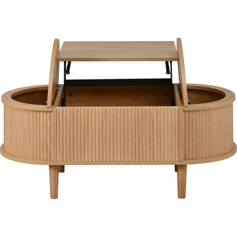 Table basse ovale relevable avec rangement, aspect chêne, MDF, 100 x 48 x 53,5 cm (1/5)