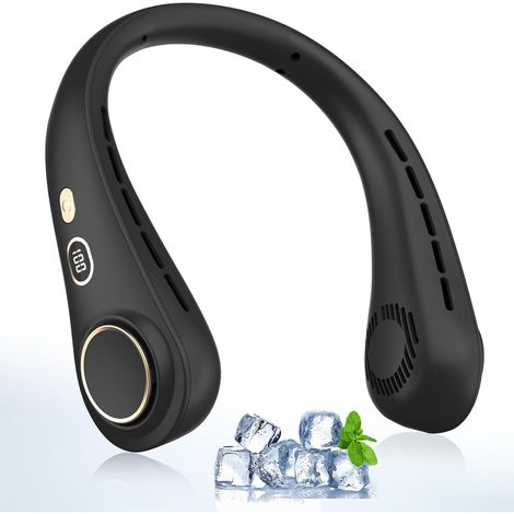 Ventilateur de cou portable avec affichage LED, 5 vitesses, batterie 1200 mAh, silencieux et sans pales, chargement USB, idéal pour le bureau, le sport, les voyages et le camping. (1/5)
