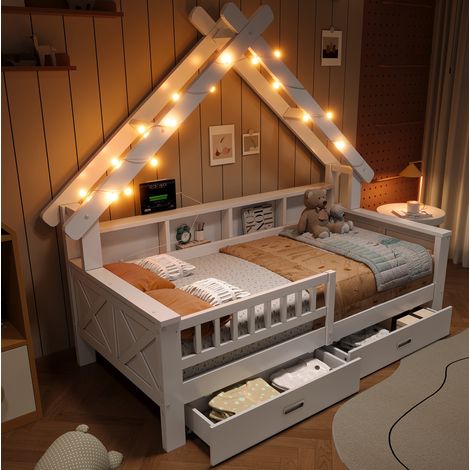 Cama cabaña infantil 90x200 cm con LED, estantes y 2 cajones, madera blanca (1/5)