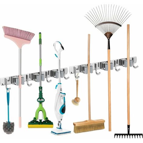 Wall Mounted Broom Holder, 2 Pieces Stainless Steel Wall Mounted Broom Holder, Wall Mounted Broom Holder with 6 Slots and 8 Hooks for Garage, Garden, Laundry Room (1/5)