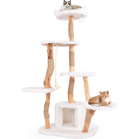 Arbre à chat blanc en bois massif 168 cm avec 4 plateformes, cabane, grattoirs en sisal et balle suspendue pour salon et chambre (1/5)