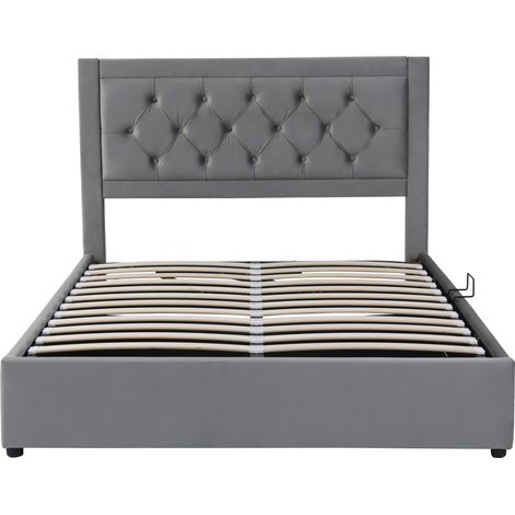 Lit rembourré, lit coffre avec coffre de lit relevable à gauche et à droite, style Chesterfield, tête de lit rembourrée de mousse, lit double avec cadre en acier, velours, 140200cm, gris (1/5)