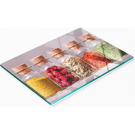 Tabla de servir de cristal para cocina con dibujos de especias coloridas, 80x52 cm. (1/5)