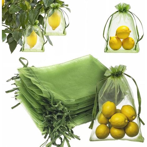 50 bolsas protectoras para frutas - Cubierta de malla verde con cordón para el control de plagas en el jardín. (1/5)