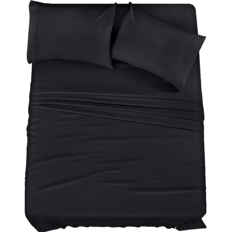1 Ensemble de draps, microfibre polyester, effet rafraîchissant, poche latérale, lit twin, noir (1/5)